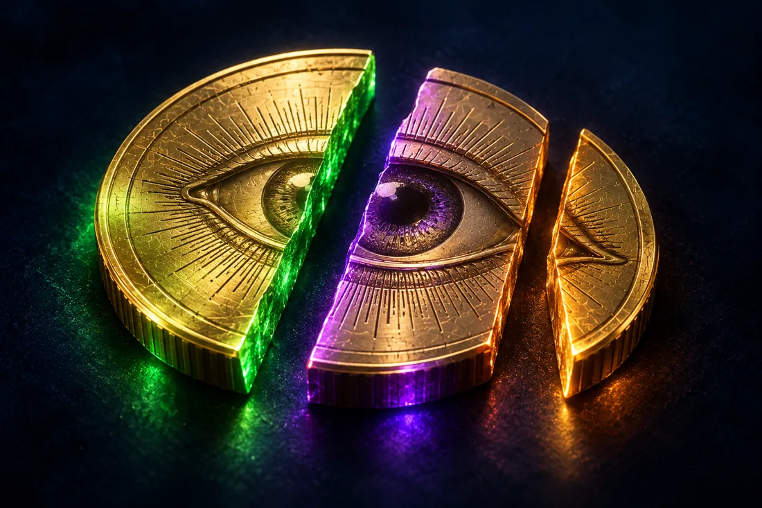 a gold coin with an eye engraved on it, cut into three pieces glowing green, purple and amber