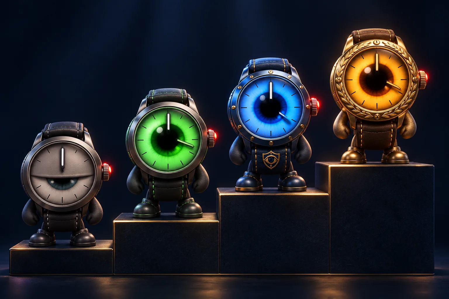 four watches on a rising podium: a sleepy grey steel one, a green one, a blue one with a shield on its strap, and a gold one wrapped in laurel on the top step