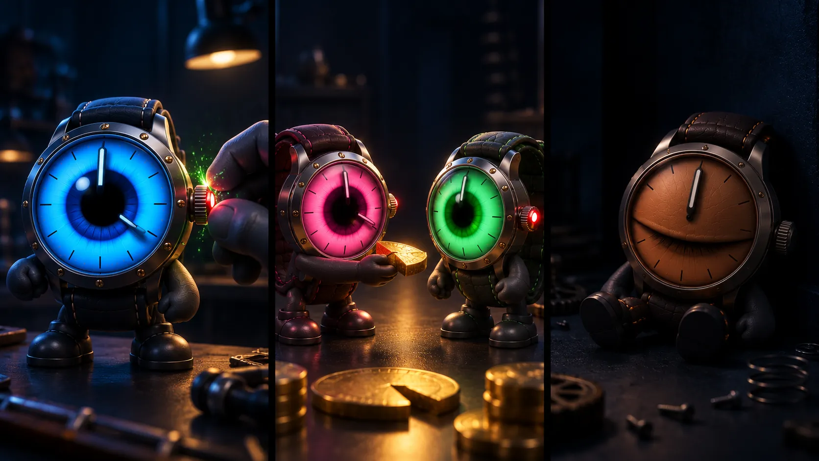 three scenes side by side: a gloved hand winds the crown of a blue-eyed watch; a pink-eyed watch hands a slice of a gold coin to a green-eyed watch; an orange watch sits slumped with its eye shut and its hand at twelve